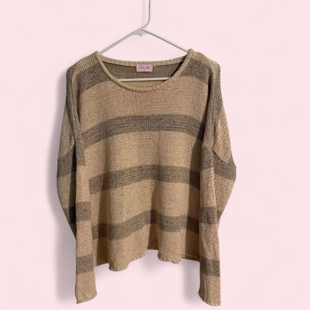 Pink Lily sweater womens M beige stripe knit slouchy relaxed lightweight